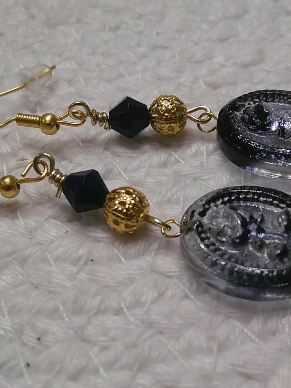 Beautiful NAVY GLASS OVAL with GOLD FILIGREE & CRYSTAL Handmade Earrings #948E